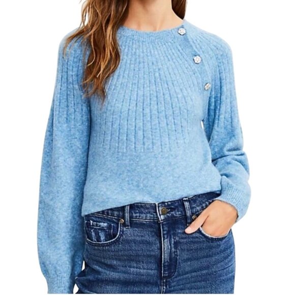 J.Crew Blue Ribbed Rhinestone Button Balloon Sleeve Sweater Size S - Picture 1 of 10